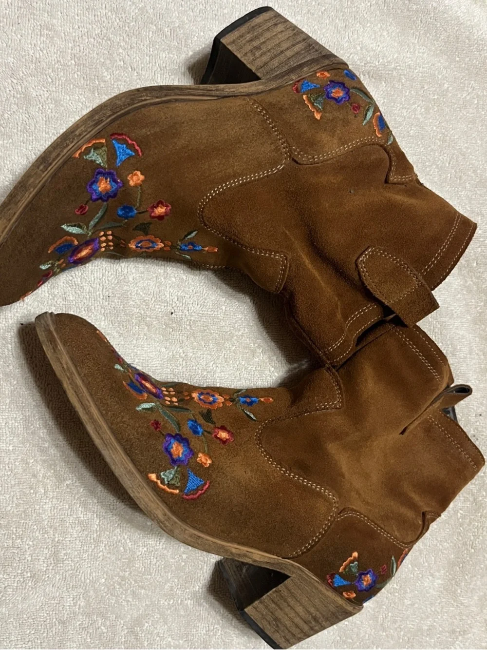 Brown Embroidered Suede Western Ankle Boots - Women